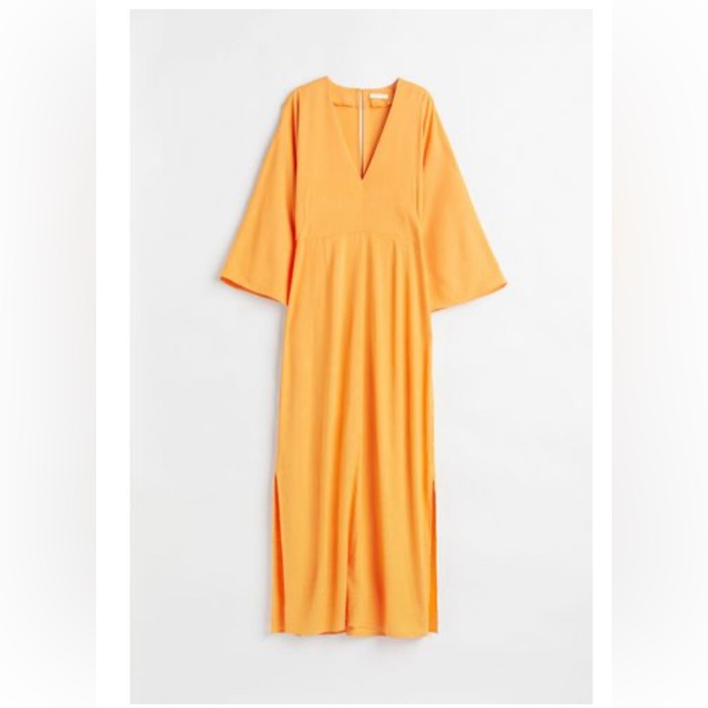 H&M Orange Pleated Maxi Sundress with Bell Sleeves
